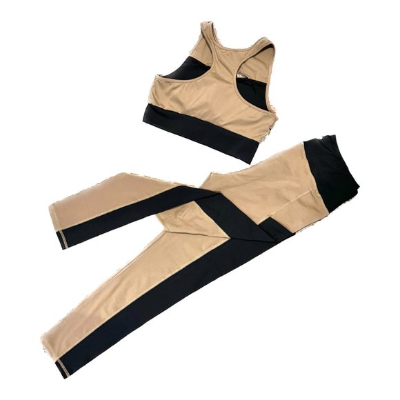 la kottee Mocha Black Colorblock Sports Bra Overlay Highwaist Leggings Set - Picture 5 of 5